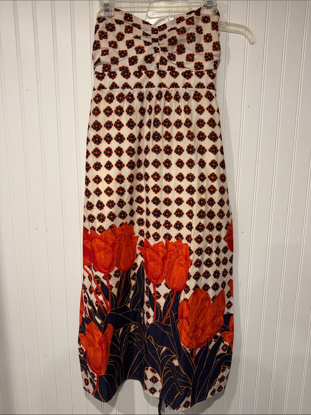 Maeve Strapless Maxi Dress in White with Orange Tulips